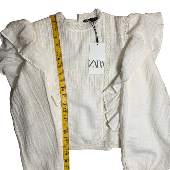 Zara | Women | Ivory Lace Insert Bishop Sleeve Ruffle Top | Size Extra Small - Picture 7 of 10